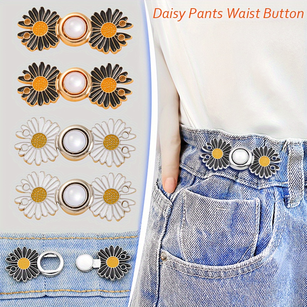 

4 Sets Daisy Waist Button Pins For Jeans - Detachable Metal Flower Buckle For Loose Pants Adjustment - Black, Silver Grey, Golden