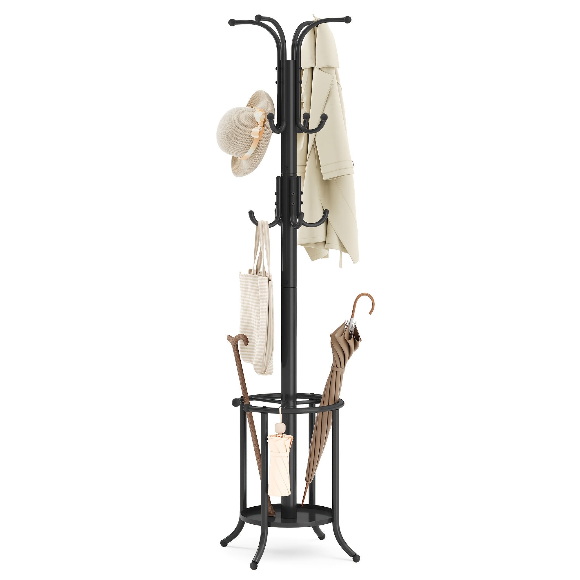 TEMU Porte-manteau autoportant avec porte-parapluie, support en acier avec 12 crochets, pour entrée, couloir, salon, chambre à coucher, noir, 30 X 30
