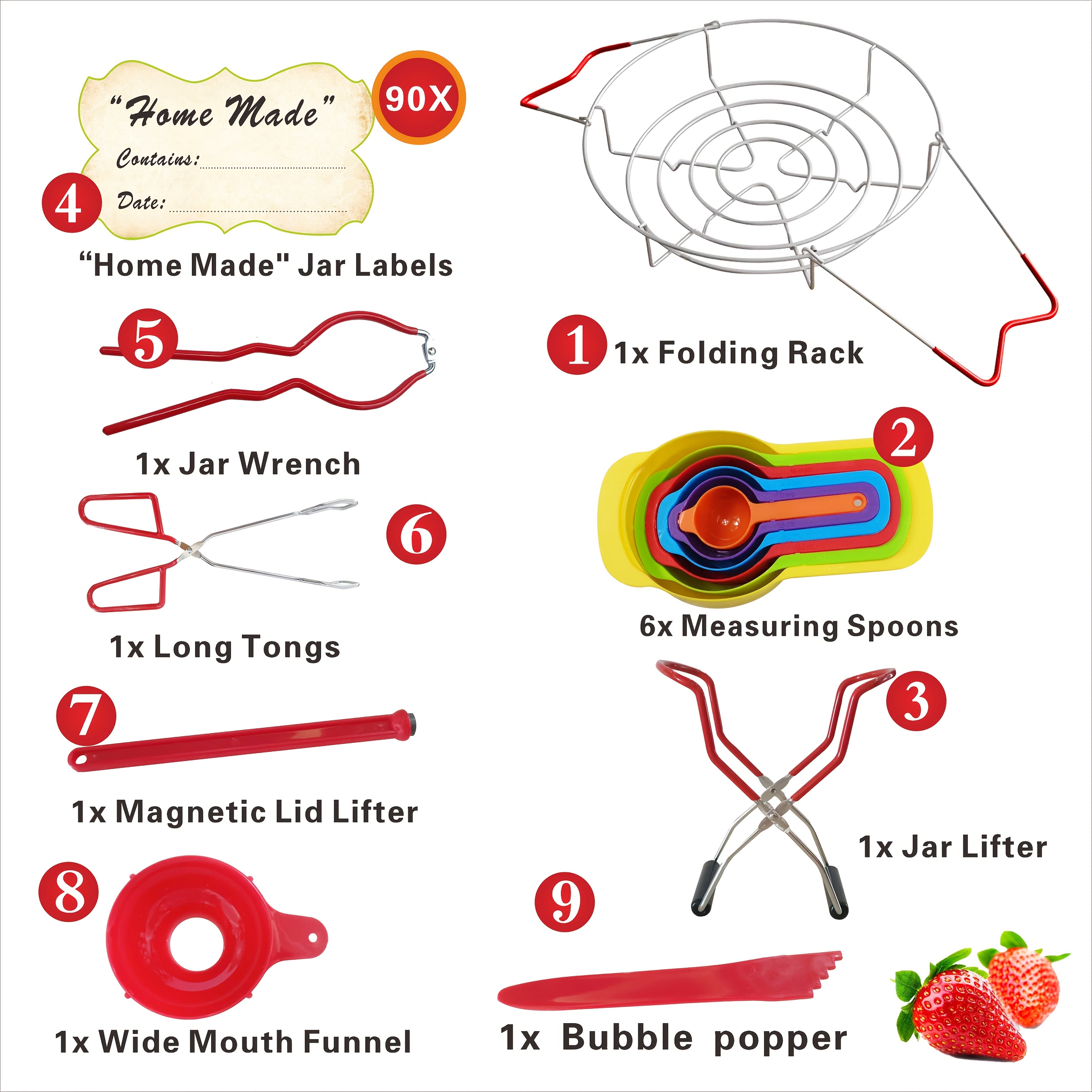 TEMU 9pcs Canning Supplies - Includes Canning Rack, Wide Mouth Jar Funnel, Jar Lifter And Wrench, , Measuring Spoons, Lid Lifter, Kitchen Tongs, Jar