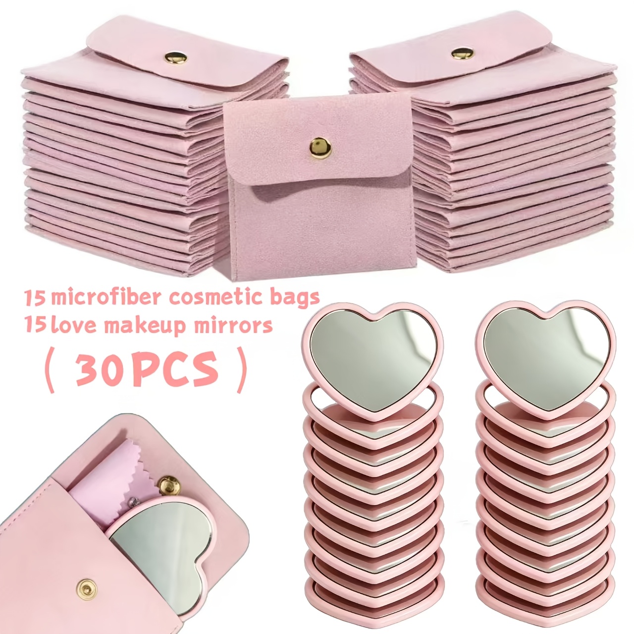 TEMU 30pcs Heart-shaped Makeup Mirrors And Microfiber Makeup Bags. Adorable Glass Makeup Mirrors With Exquisite Cosmetic Pouches, Suitable For Home