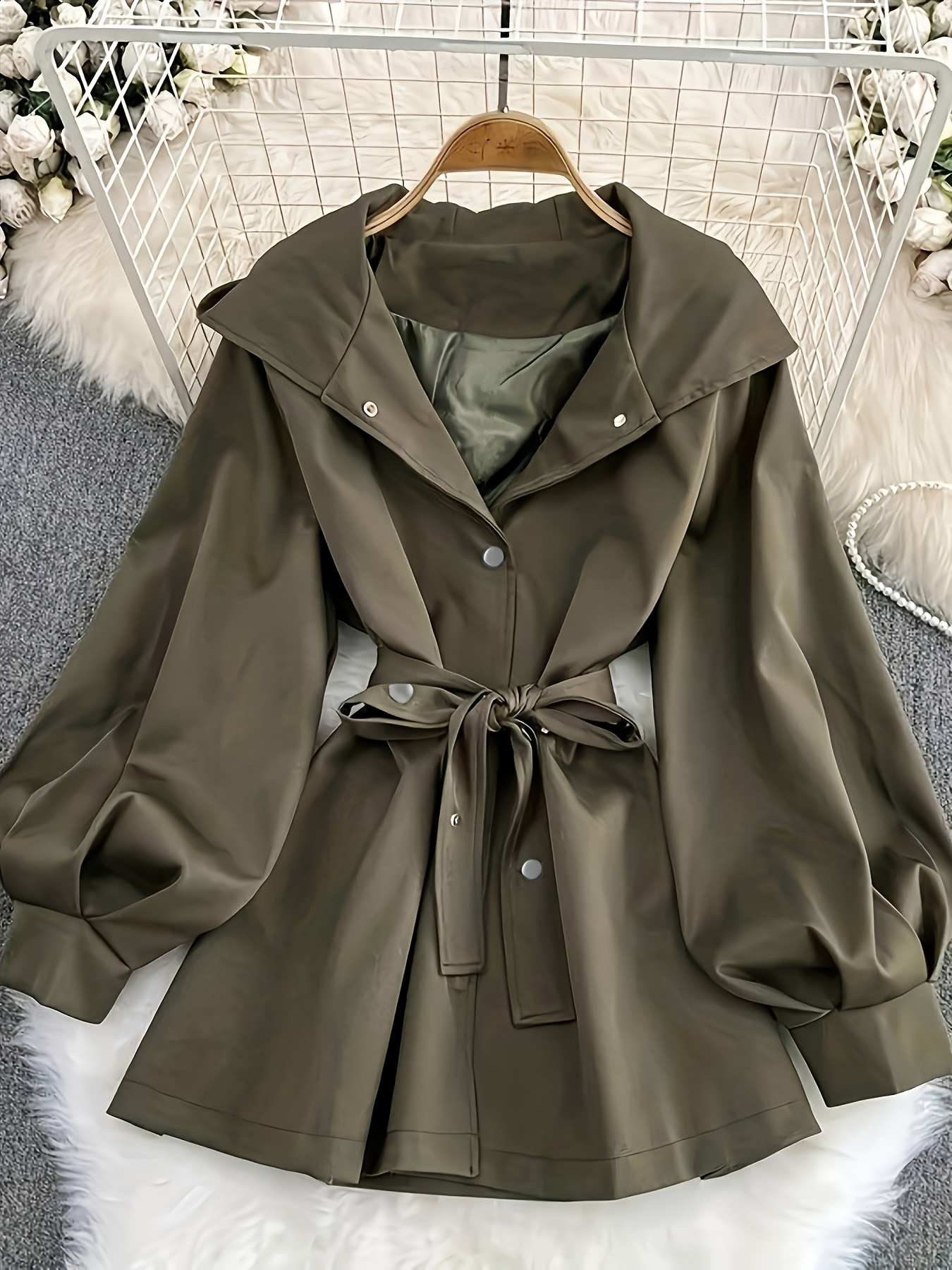 Women's Casual Trench Coat Belt Olive Green Long Sleeve Open