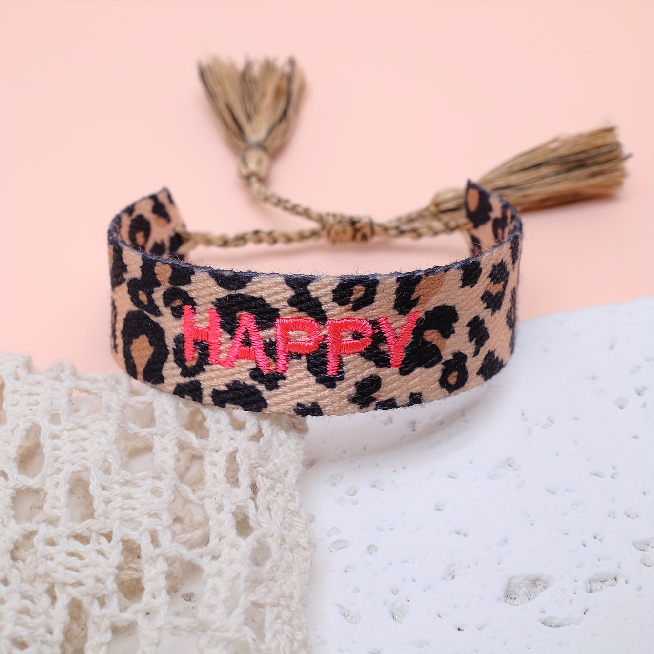 Image of A Leopard Print Fashion Vintage Embroidered Love Hand-knitted Adjustable Boho Tassel Bracelet, For Teenager