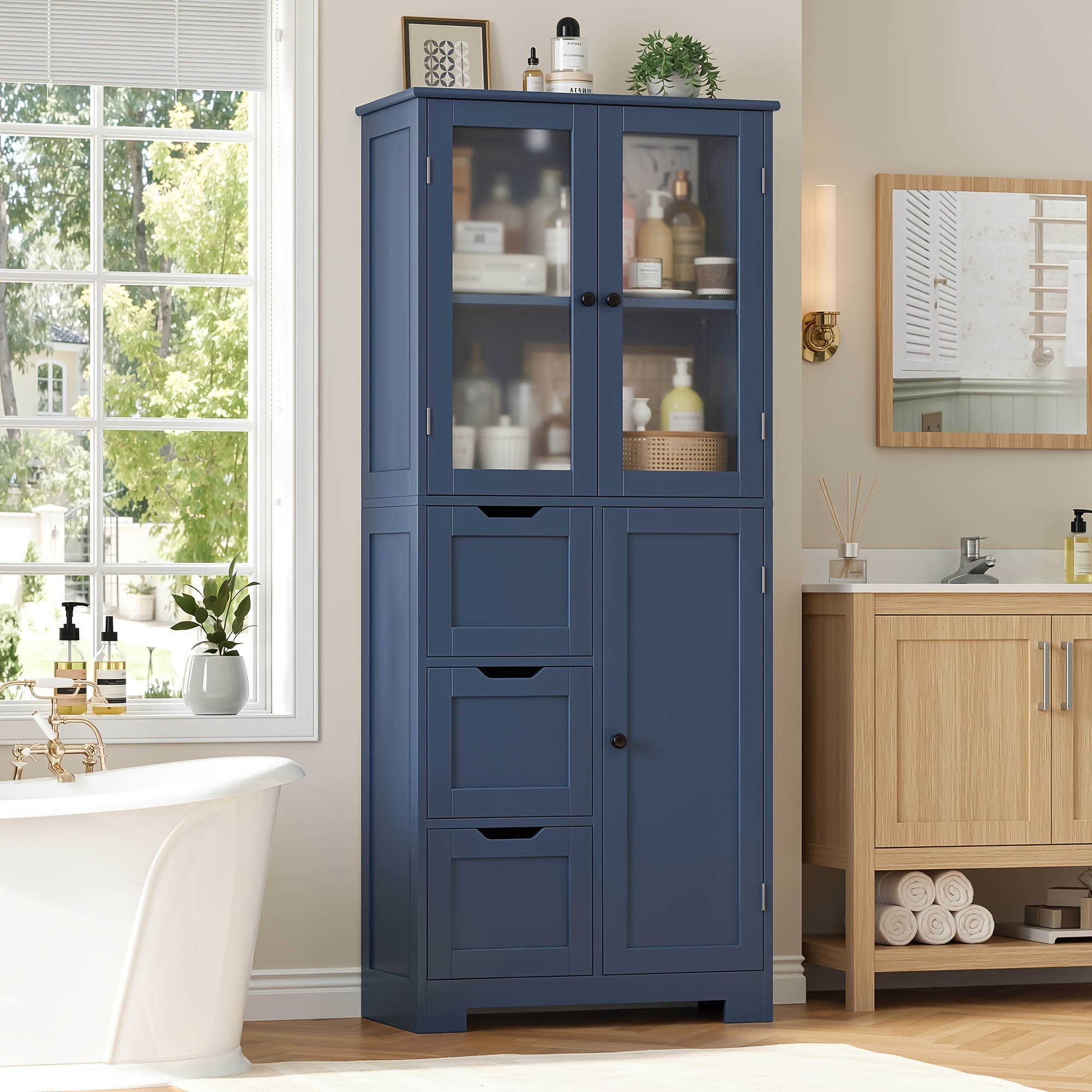 Image of Kealive Tall Bathroom Cabinet, Kitchen Cabinet, Storage Cabinet With 3 Drawers And 3 Doors, Suitable For Hallway, Bedroom, Living Room, Wood