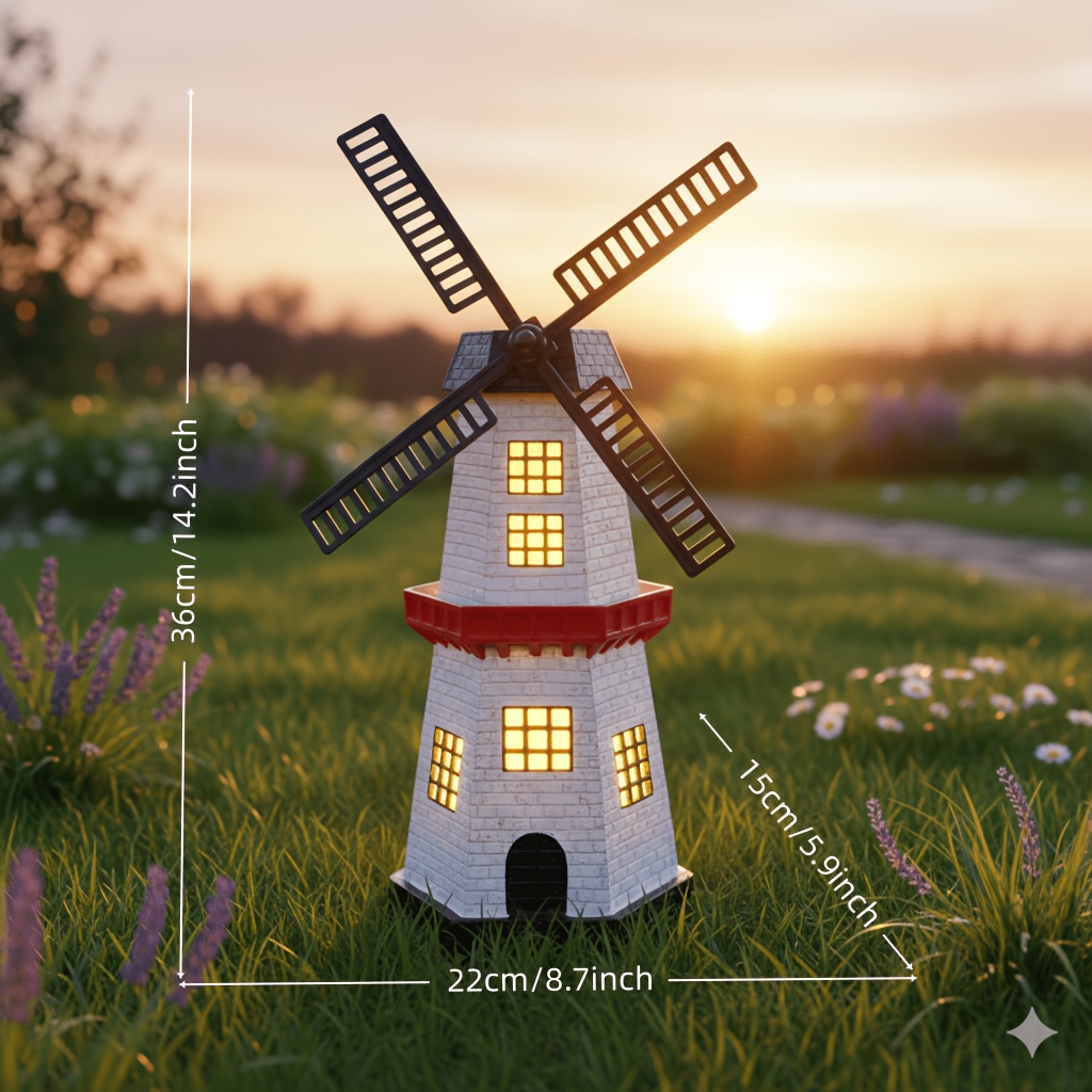 36cm Resin Solar Windmill Lighthouse Sculpture, Led Light For Garden, Lawn, Balcony & Courtyard, Decorative Outdoor Yard Art