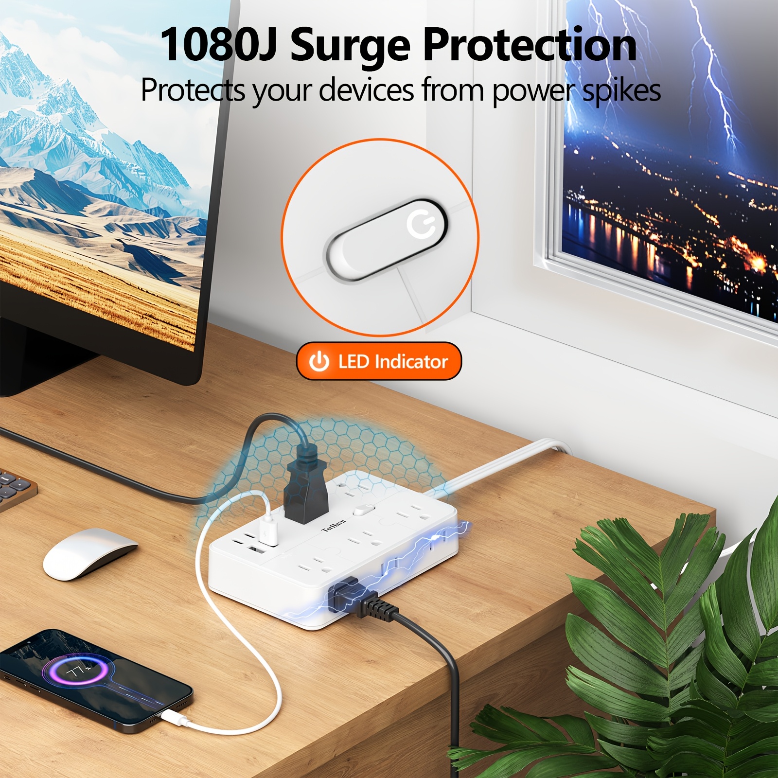 TEMU Parafoudre multiprise, rallonge de 0,3/1,5/3/4,5 m, 10 prises CA et 4 ports USB (5V/3,4A 17W), 1080J, station de charge de bureau et murale avec