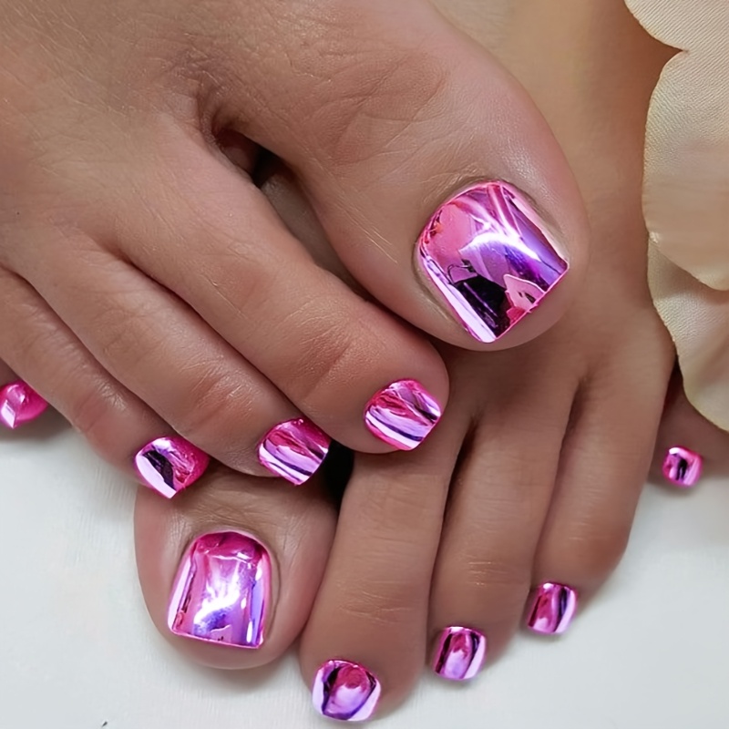 TEMU Uñas postizas de color rosa chillón con espejo cromado para los dedos de los pies, uñas postizas electrochapadas cortas y cuadradas, uñas falsas