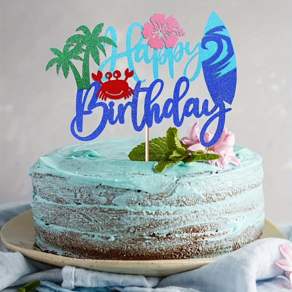 Surfbrett Kuchenaufsatz 'Happy Birthday' | Glitzer Topper Für Hawaii Party | Kuchen-Deko Für Surfer Geburtstag