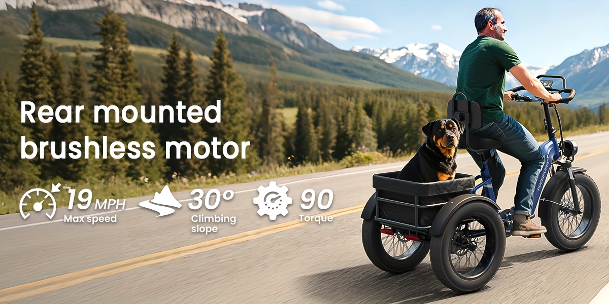 full suspension   for adults rear mounted high power motor 20 tire wide seat   with reverse 48v 720wh battery 75 miles 19mph cargo tricycle with torque sensor large basket turn   adult tricycle   riding sturdy frame     motor reinforced tires cargo bike powerful motorcycle e bike Product details 4