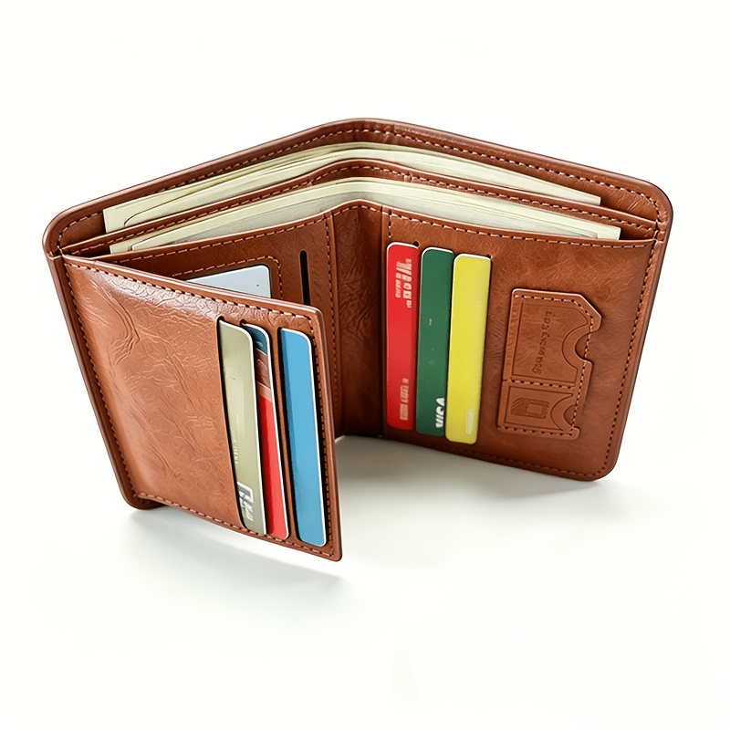 TEMU Men's Wallet, Handmade Vintage Style, Multi-card Holder With Id Window & Sim/memory Card Slots, Large Capacity Billfold For Men