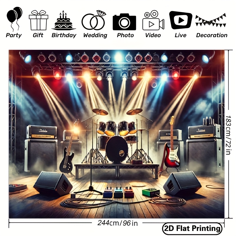 E-shop 2D Flachbanner 243,84x182,88 cm Polyester Fotografie-Hintergrundflagge - Lebendige Rockband-Bühnenszene mit Verstärkern, Schlagzeug & Gitarre –