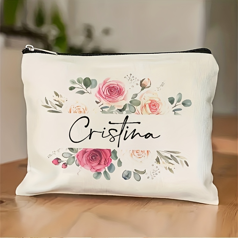 TEMU 1 Bolsa de Personalizada con - Estuche de Maquillaje de Viaje con Cremallera, Tela Lavable a Máquina con Diseño Floral , Regalo de para Mujeres,