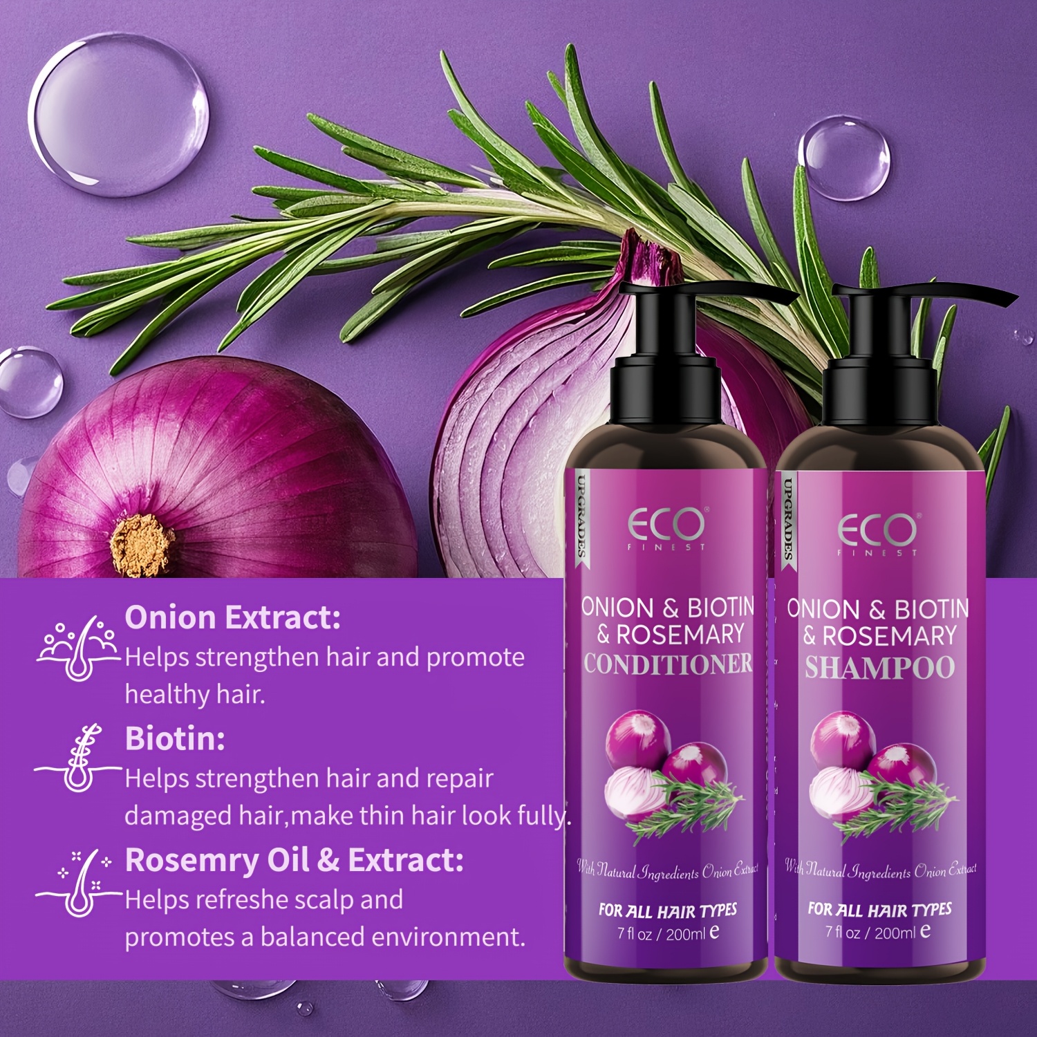 TEMU Eco Biotin & Rosemary Shampoo & Conditioner Set, & Hair, Oil Control, Natural Hair Moisturizer With Onion, Rosemary, Biotin & Jojoba, Gently