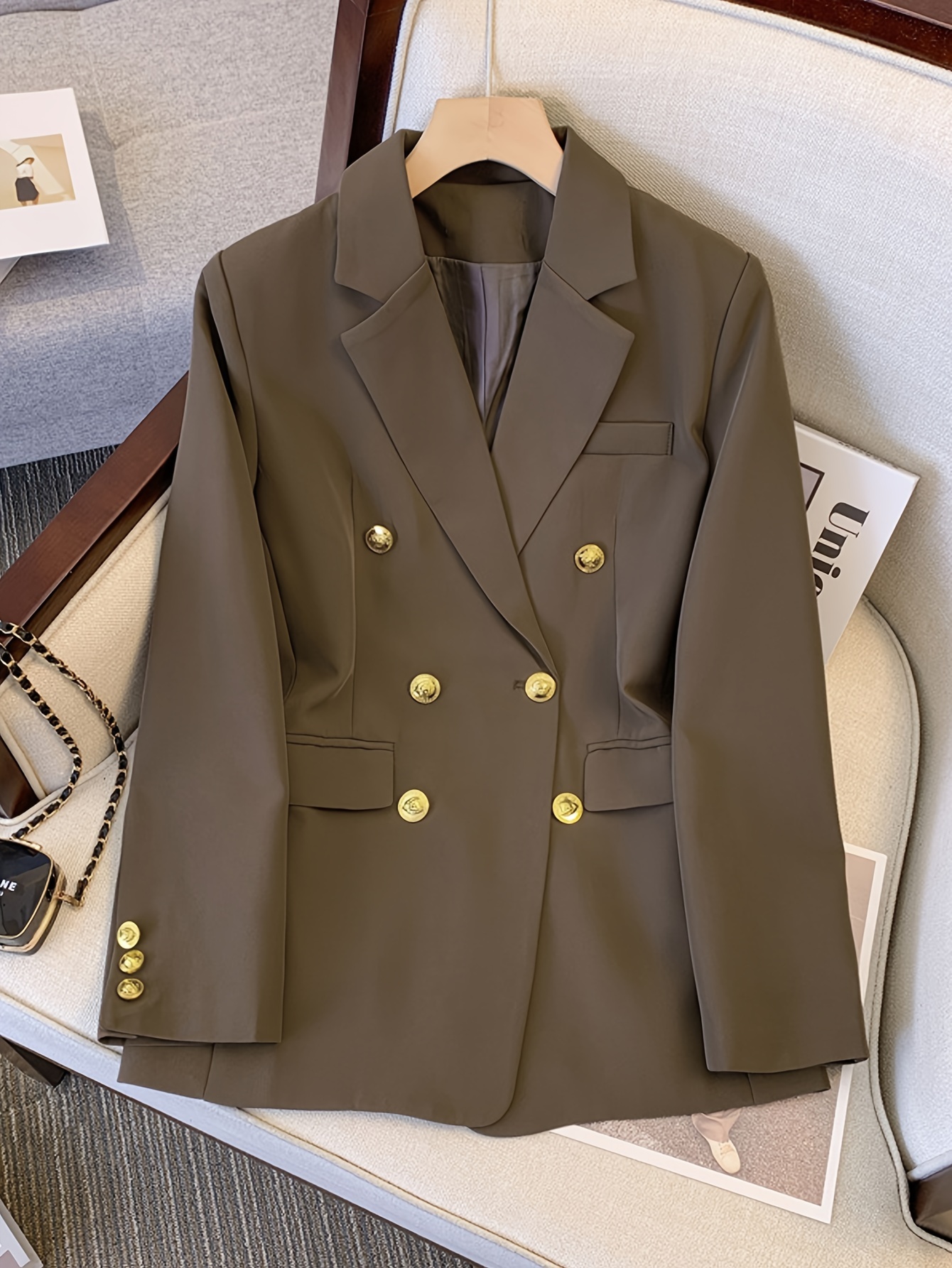 Sunygal Women'S Fashion Double Breasted Blazer - Casual Solid Color H-Fit Polyester Suit Jacket with Long Sleeves, No Belt, Non-Waterproof, Woven Weave, Regular Fit