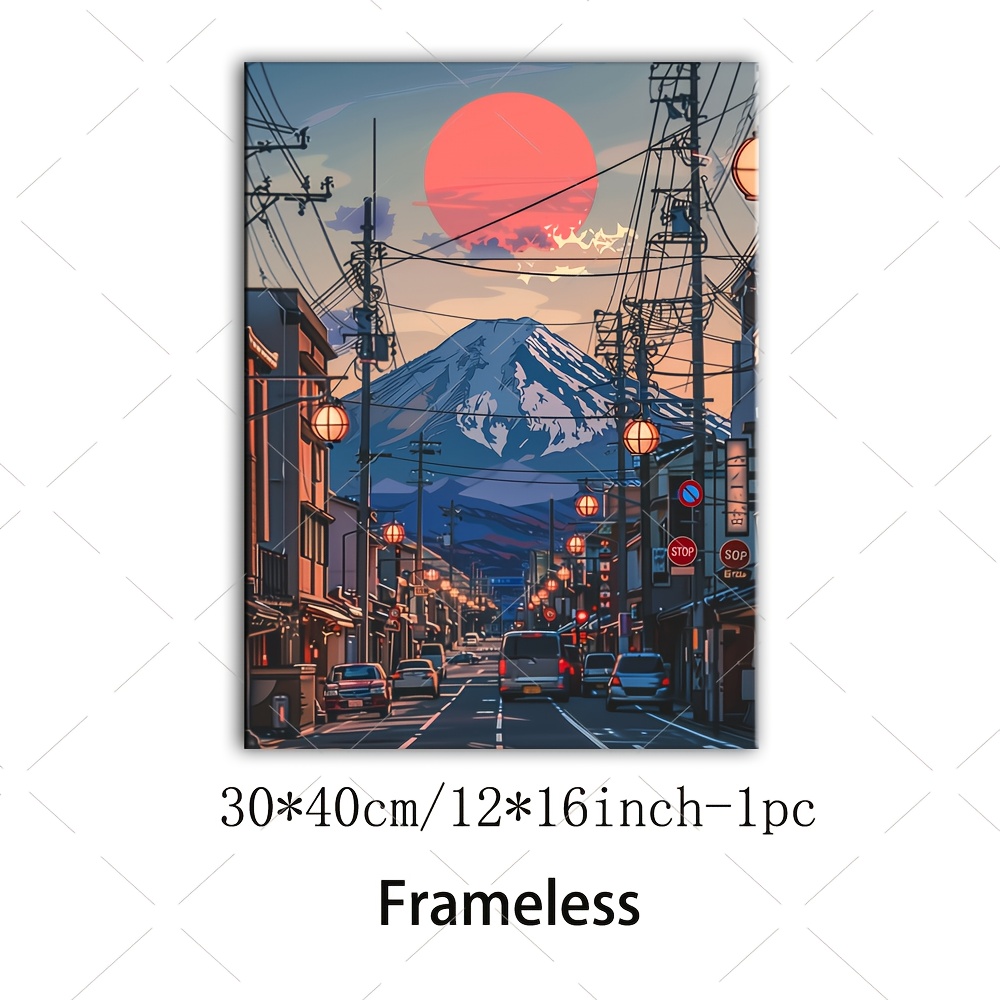 2d Flat, Vibrant Sunset Oil Painting - Frameless Wall Art With Japanese , Living Room Or Bedroom Decor, Decoration, Event Decoration | Frameless Oil Painting | Depth Enhancing Art, Room Decor