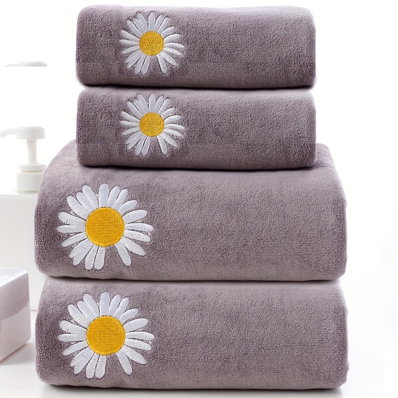 

Daisy Embroidered Coral Fleece Towel Set, 4 Pieces - Includes 2 Hand Towels And 2 Bath Towels, Soft And Absorbent 400gsm, Polyester 89%, Nylon 11%, Knitted Fabric, Quick-dry Bath Linen Collection