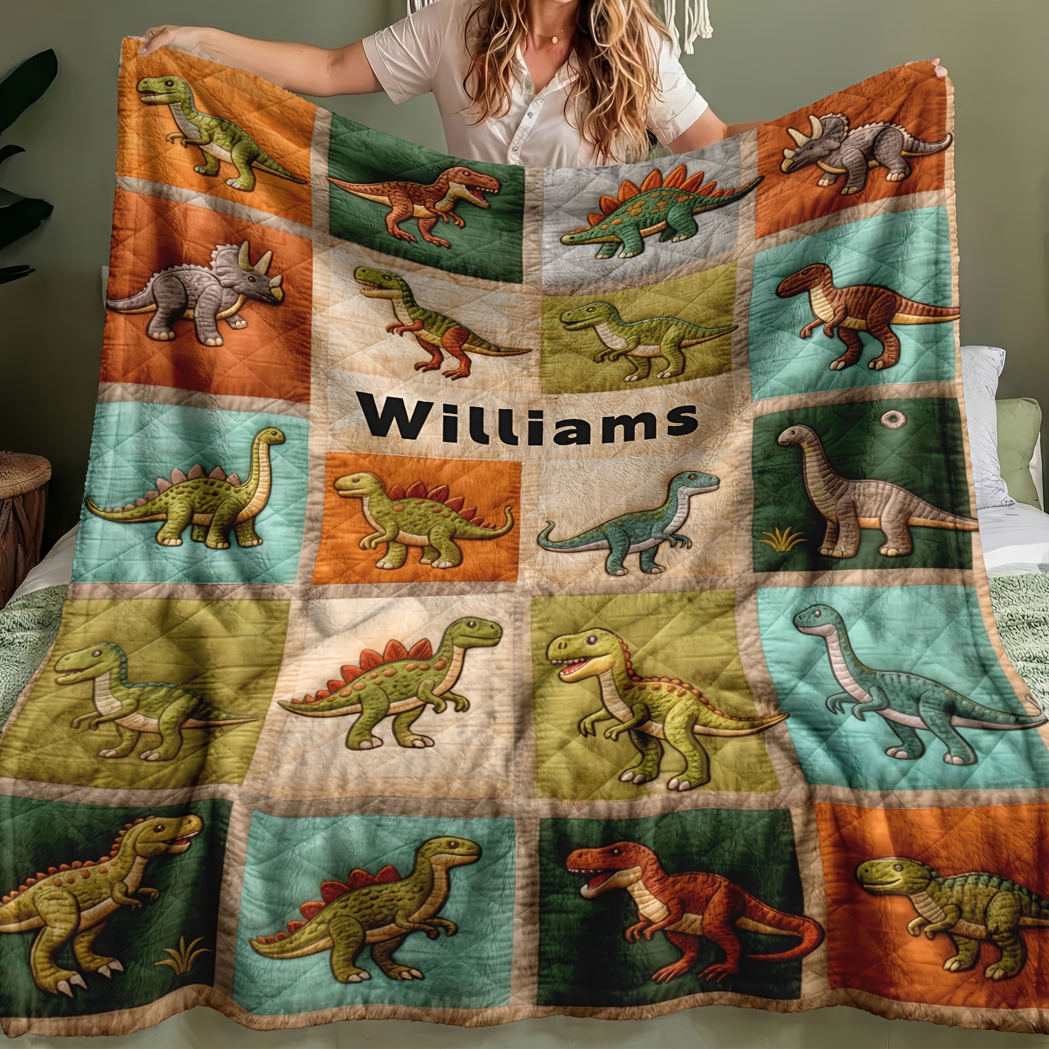 Personalized Custom Name Dinosaur Puzzle Piece Flannel Blanket