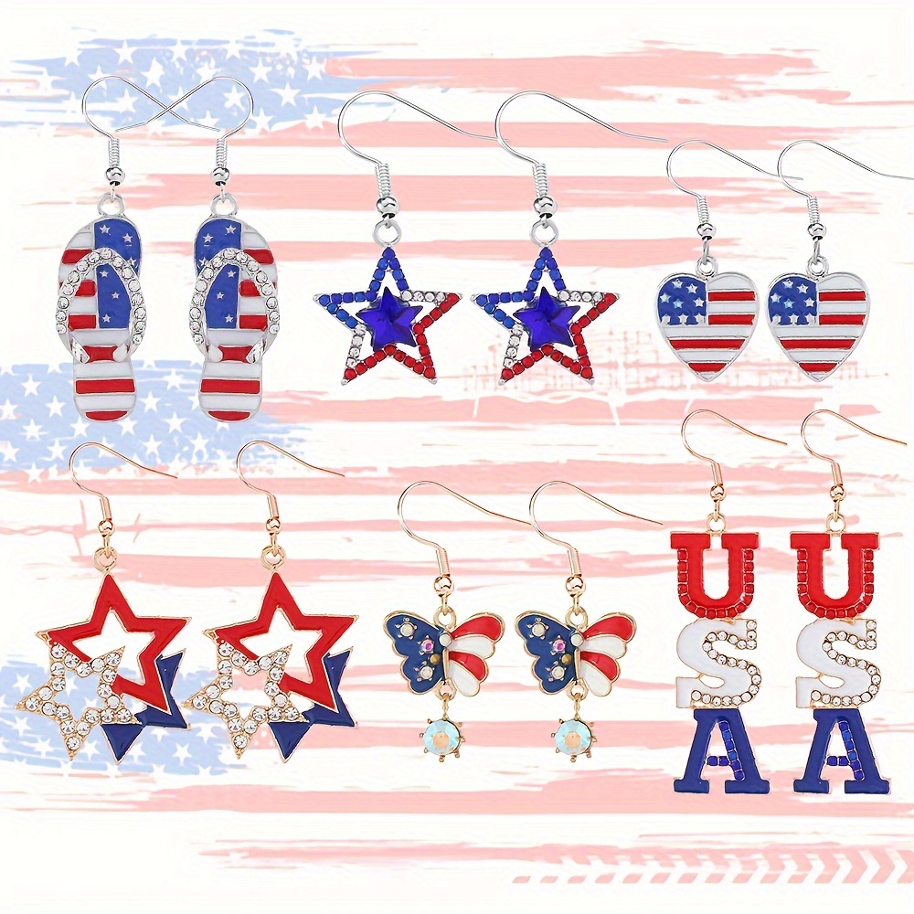 

6 Pairs Of Dangle Earrings, Enamel Alloy Silver-flip Flops, Heart, Star, Butterfly & Flag Designs In Red, Blue, White Colors, Hook Earrings For Independence Day Celebration