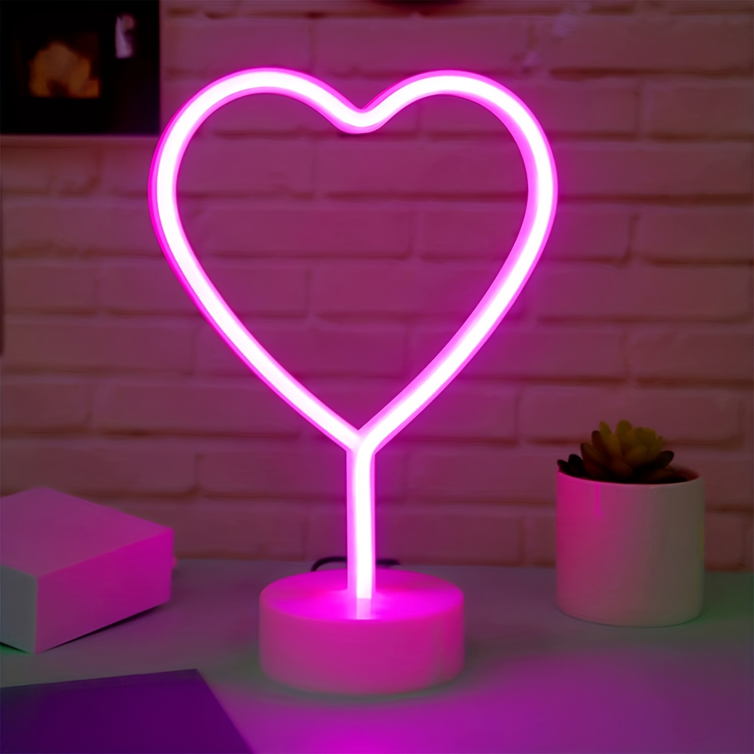 Image of 1pc Valentine's Day Heart Neon Sign Table Lamp, Battery Powered Led Light For Bedroom, Wedding, Anniversary Party Decoration