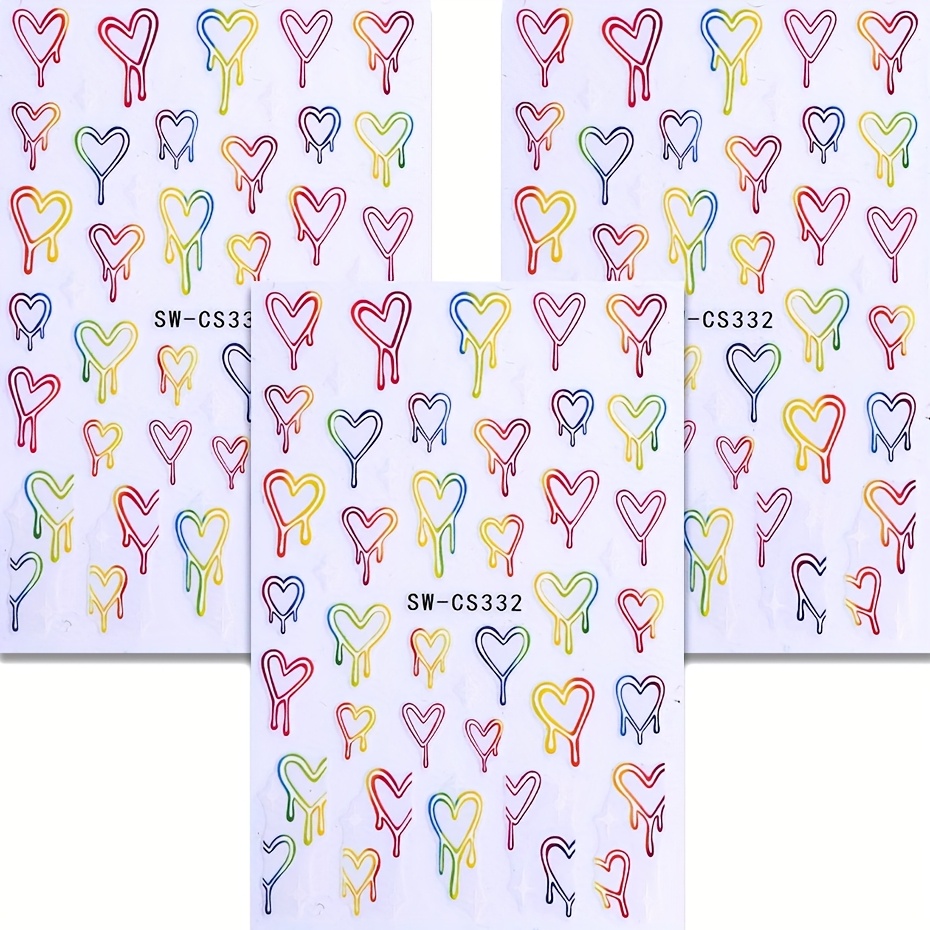 3pcs. Fluorescent Heart Shaped Holographic Nail Stickers And Rainbow Water Drop - Glossy Pvc Self-adhesive Stickers For Nail Decoration With Bright Hearts, Pastel Colors (pink, Yellow)