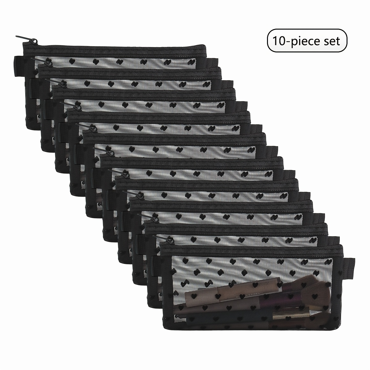 TEMU 10pcs Mesh Heart-shaped Portable Pencil Cases And Makeup Bags, Transparent Mesh Storage Bags, Pencil Cases, Wallets, Data Cable Pouches, Sewing