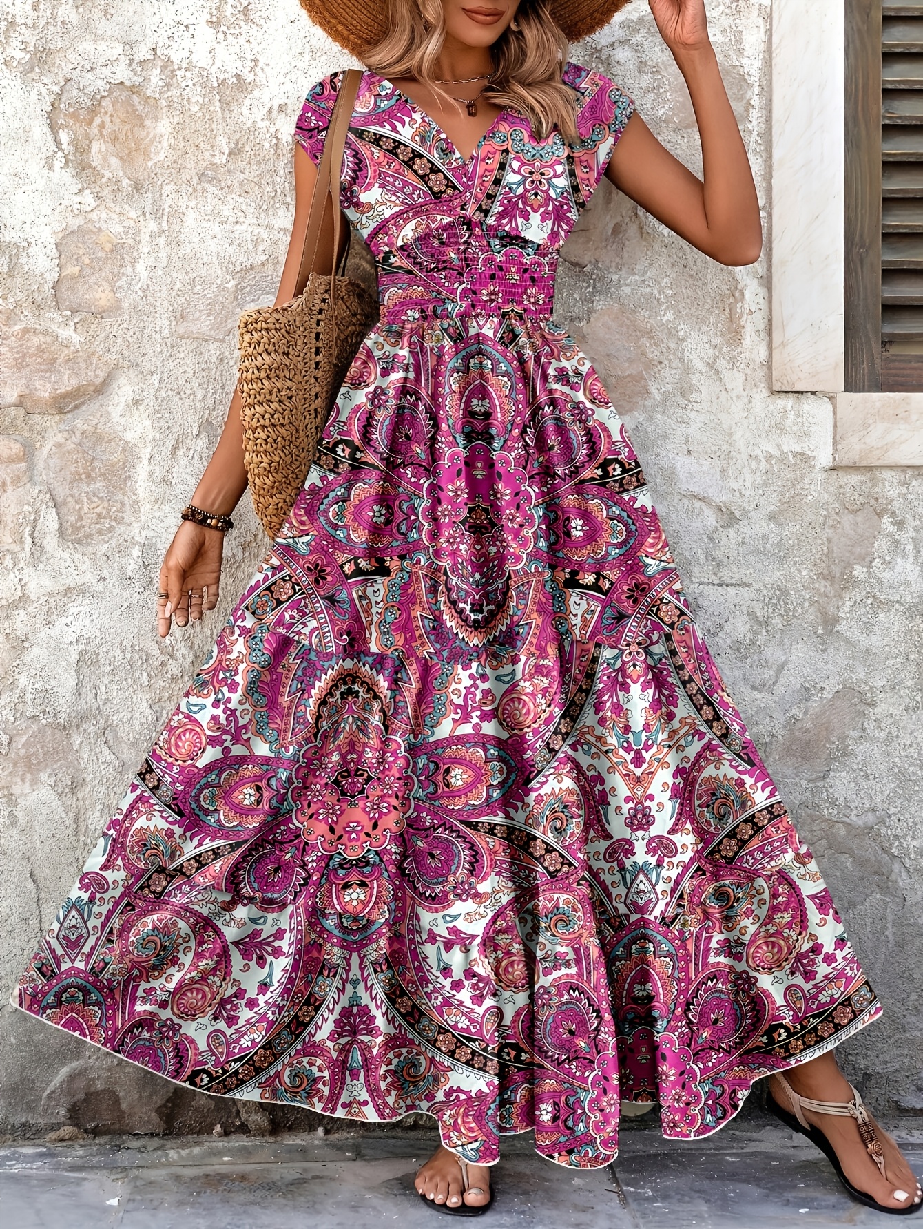 bohemian paisley print womens long dress v neck short sleeve