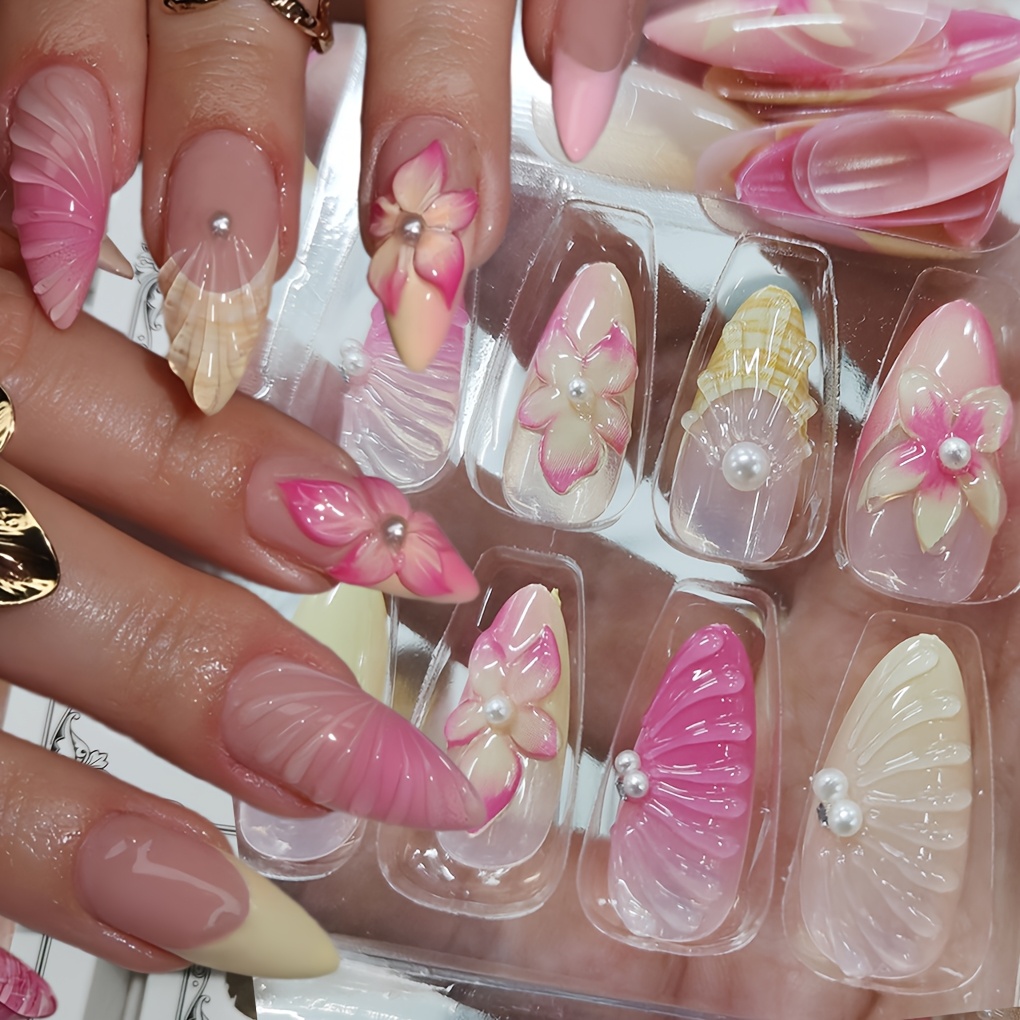 24pcs/box Handmade Press On Nails Suitable For - Almond Shape Medium Length French Tips With Nail, Spring Summer Flower Tips, Glossy For Diy Manicure/pedicure, Birthday Gift For