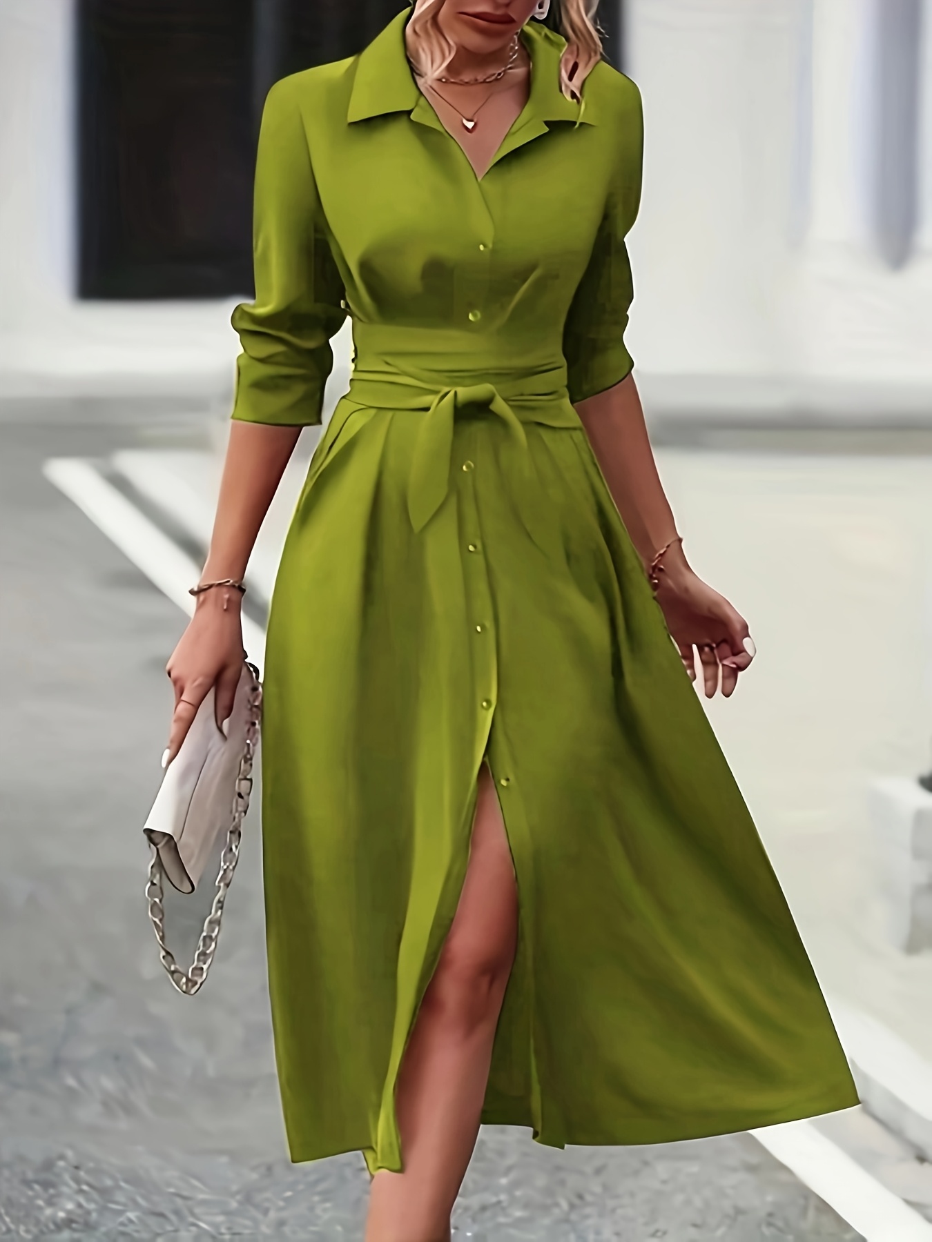Women's Elegant Lime Green Lapel Long Sleeve Midi Shirt Dress  Non-Stretch Machine Washable Summer Office Casual Wear with Front Button
