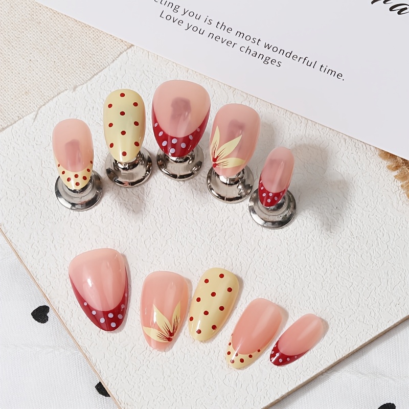 TEMU 24pcs Korean Vintage Polka Dot Nail Art, Nude Floral Short Oval Press-on Fake Nails, Includes 1 Sheet Of Jelly Glue And 1 Buffer, Very Durable,