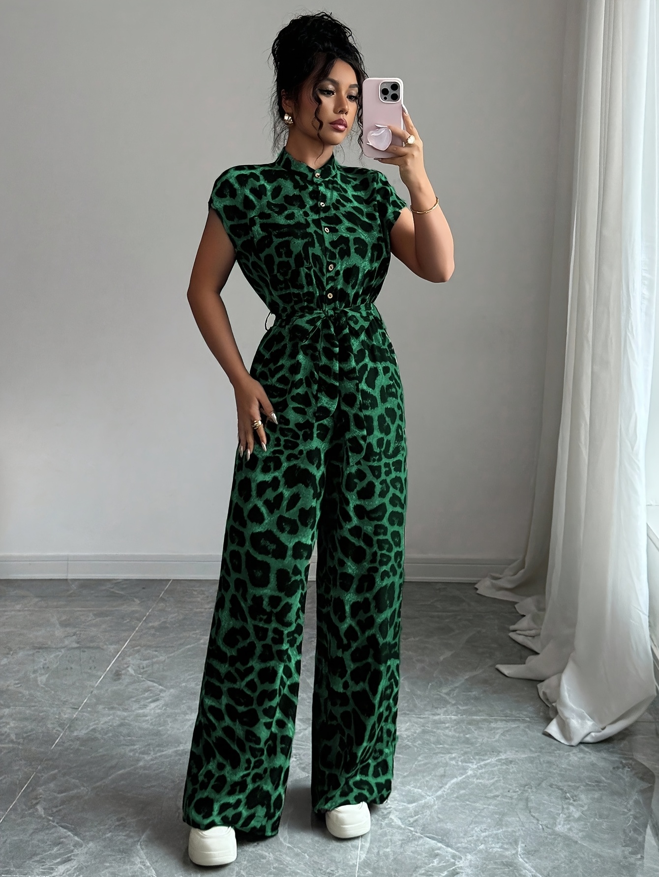 european and american spring summer new random print stand collar   elegant casual belted jumpsuit details 1