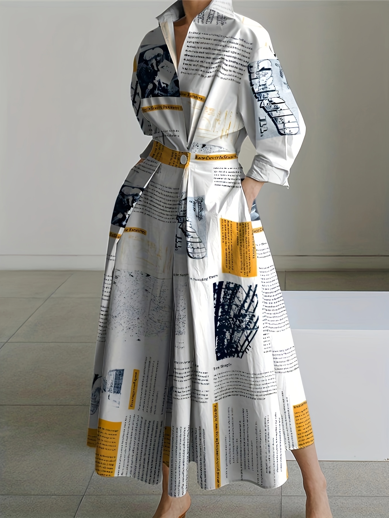 Ladies' Personalized Newspaper Printed Collar A-line Dress 2024 New Long  Sleeve * Office Medium Length Dress