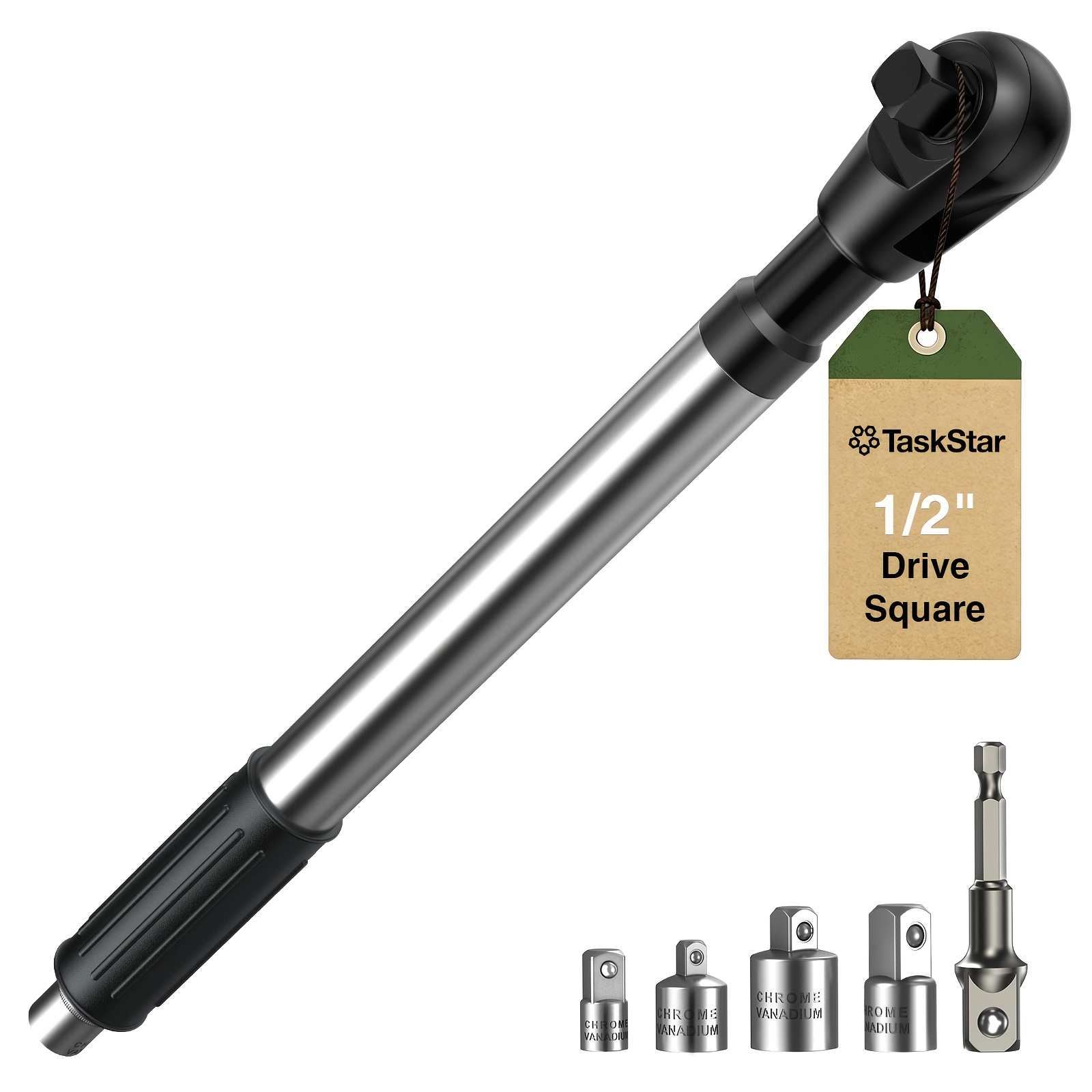 Taskstar 1/2" Offset Extension Wrench Tool Set, Including 4 Drive Socket Adapters (1/4", 3/8", 1/2"), Wrench Extender, Compatible Wrenches, Impact Drivers, And Drills In Tight Spaces