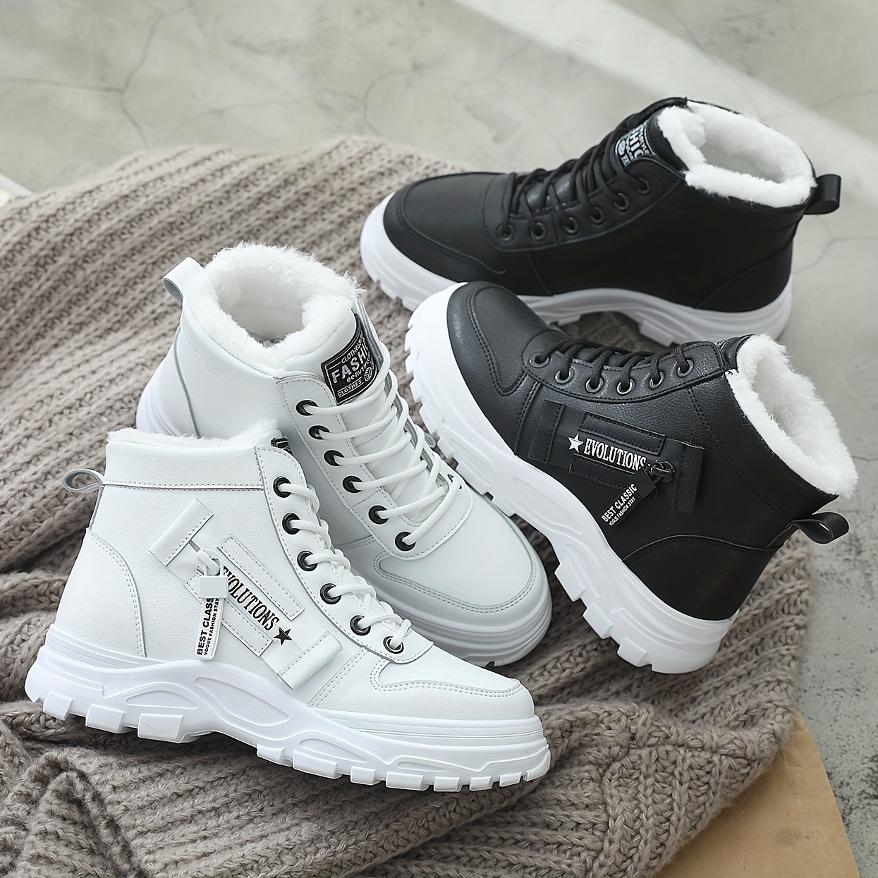 Botas de invierno para mujer CNSN, con forro polar, suela de goma, tacón medio, color negro y blanco, ideales para salidas casuales, viajes y actividades al aire libre, calzado de invierno, botas de invierno con estilo, interior con forro polar