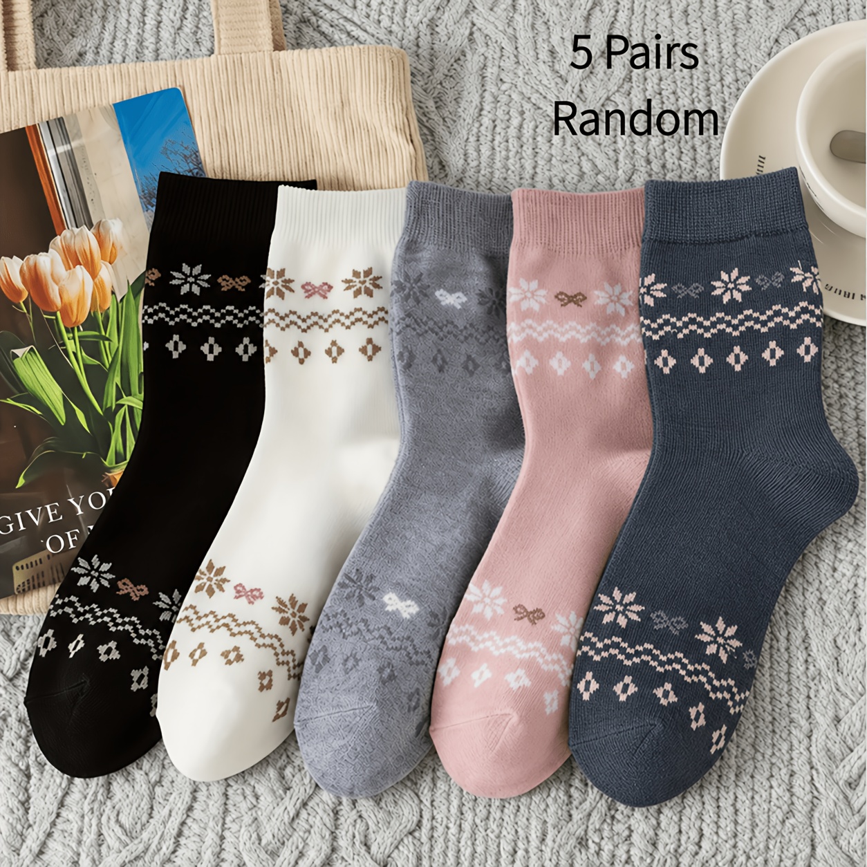 TEMU 5 Pairs Random Retro Nordic Fair Island Snowflake Socks Women's Mid-tube Autumn And Winter Versatile Stockings