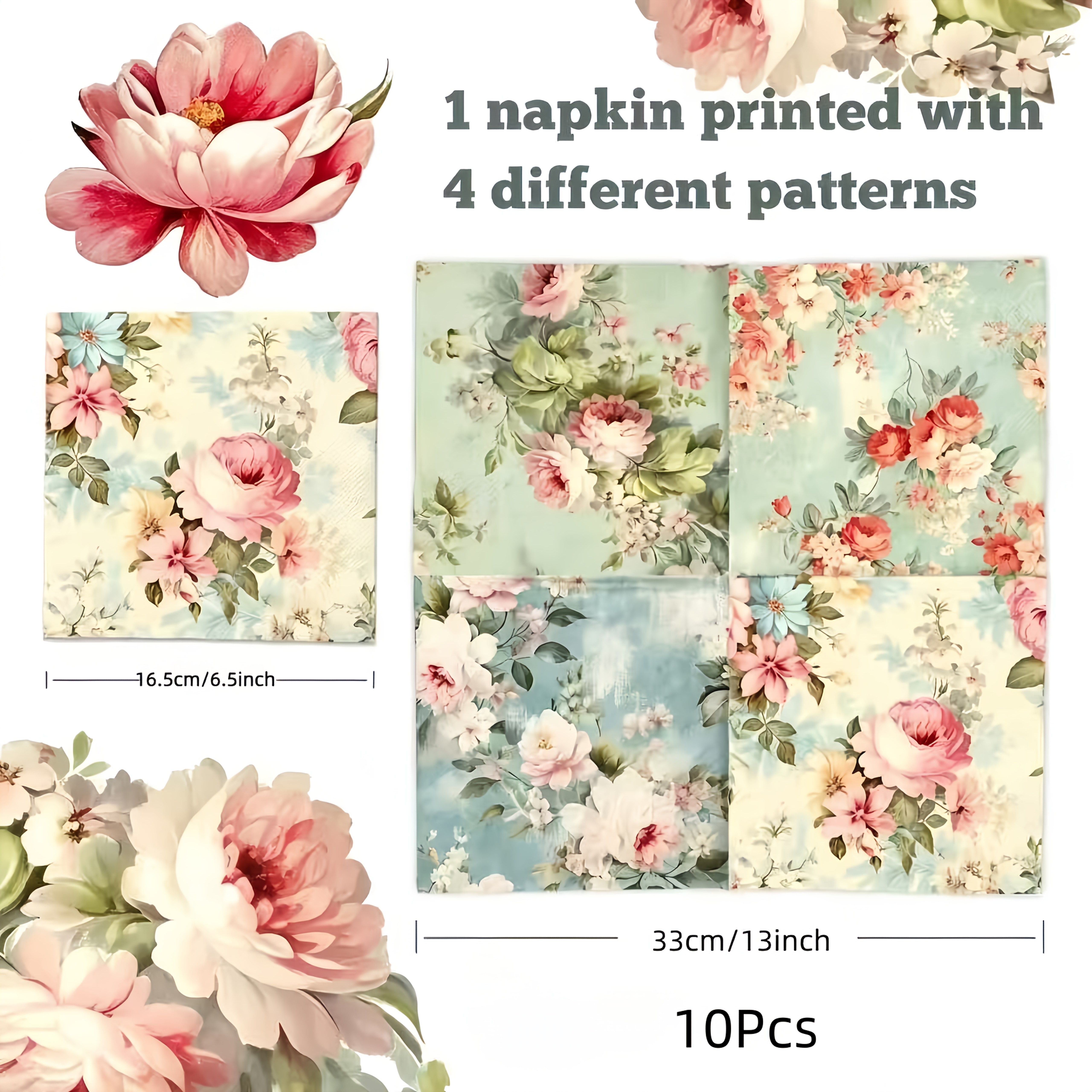 TEMU Servilletas florales vintage de capa, estilo bohemio con abejas y acuarela, 10/24 unidades, 16.5 cm/6.5 pulgadas, servilletas para fiestas de ,