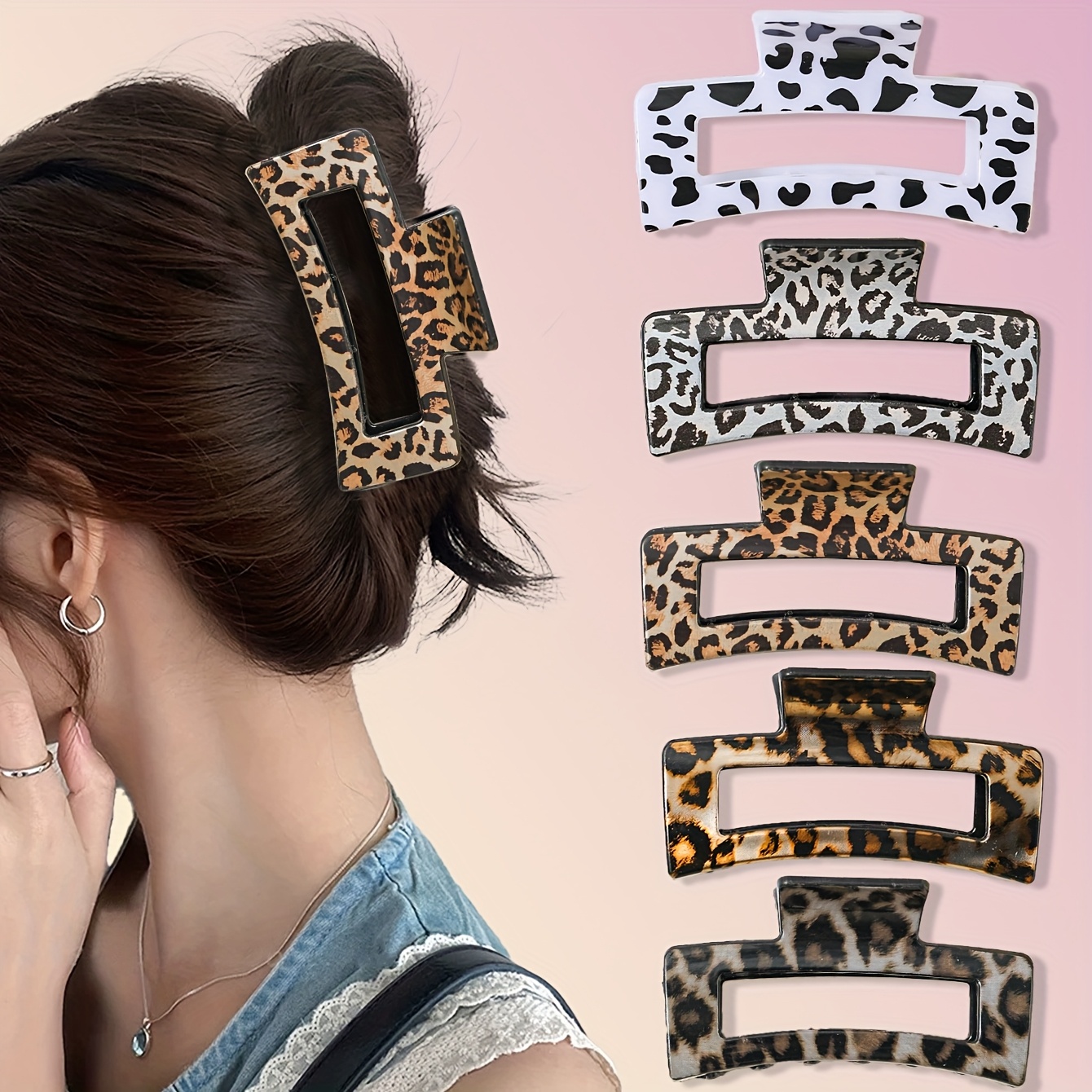 TEMU 5pcs Leopard Print Plastic Hair Claw Clips, Cool Elegant Leopard Print Rectangular Large Hair Claw Clips, Suitable For Birthday Gifts And Daily Wear
