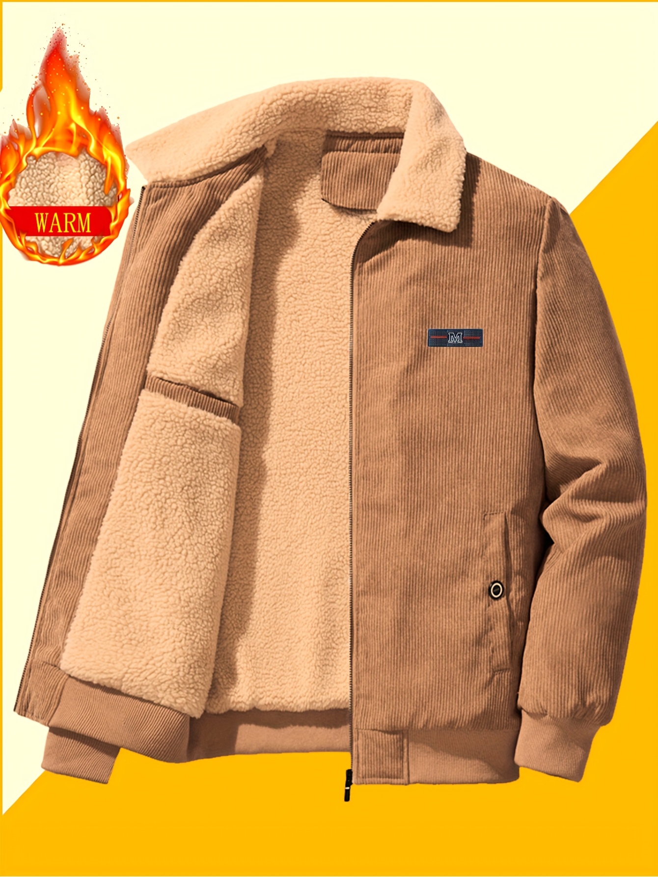 1pc *'S Winter Warm Corduroy Jacket with Sherpa Lining, Casual Solid Color  Lapel Collar, Long Sleeve Zip-Up Coat with Multiple Pockets, Non-Stretch