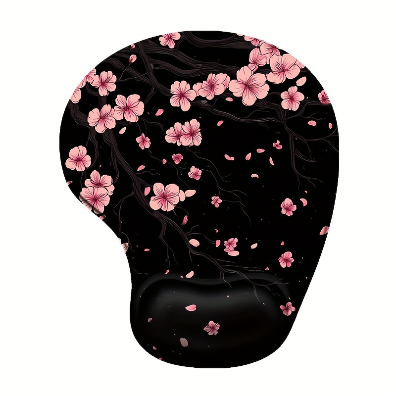 TEMU 1pc 2d Flat Small Silicone Ergonomic Mouse Pad With Wrist Rest, Non-slip Pu Base, Pink Cherry Branches, For Home/gaming/decoration