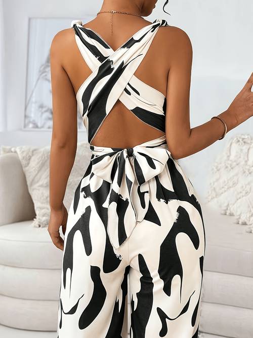 Elegant Women's Fashion Random Print Backless Jumpsuit