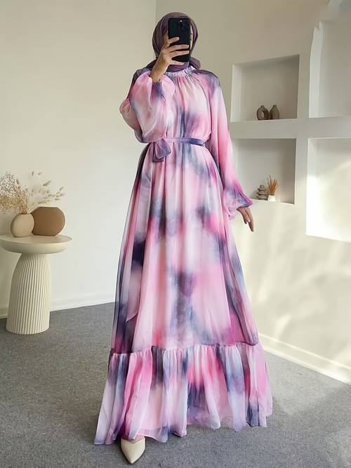 elegant long sleeve geometric pattern maxi dress with belt loose fit flowing design for for casual summer casual summer dress flowing fit dress belted waist maxi dress