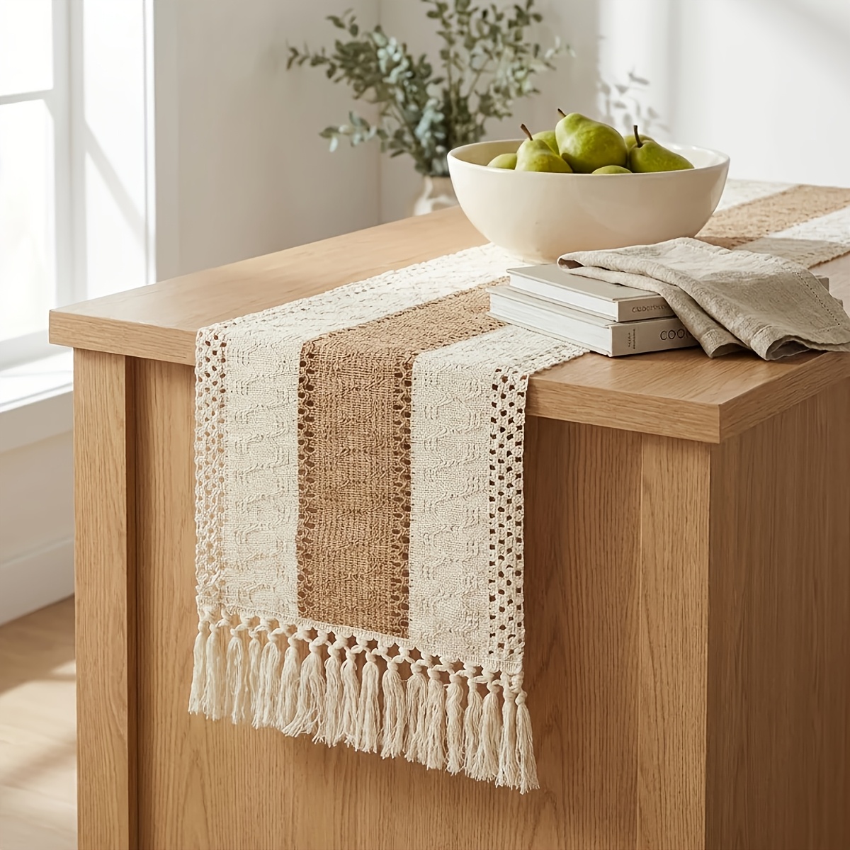 TEMU 1pc Boho Table Runner Handmade Crochet Hollow Suitable For Dining Table, Cream & Brown Color Block With Fringe Edges, Rectangular Runner, Buffet