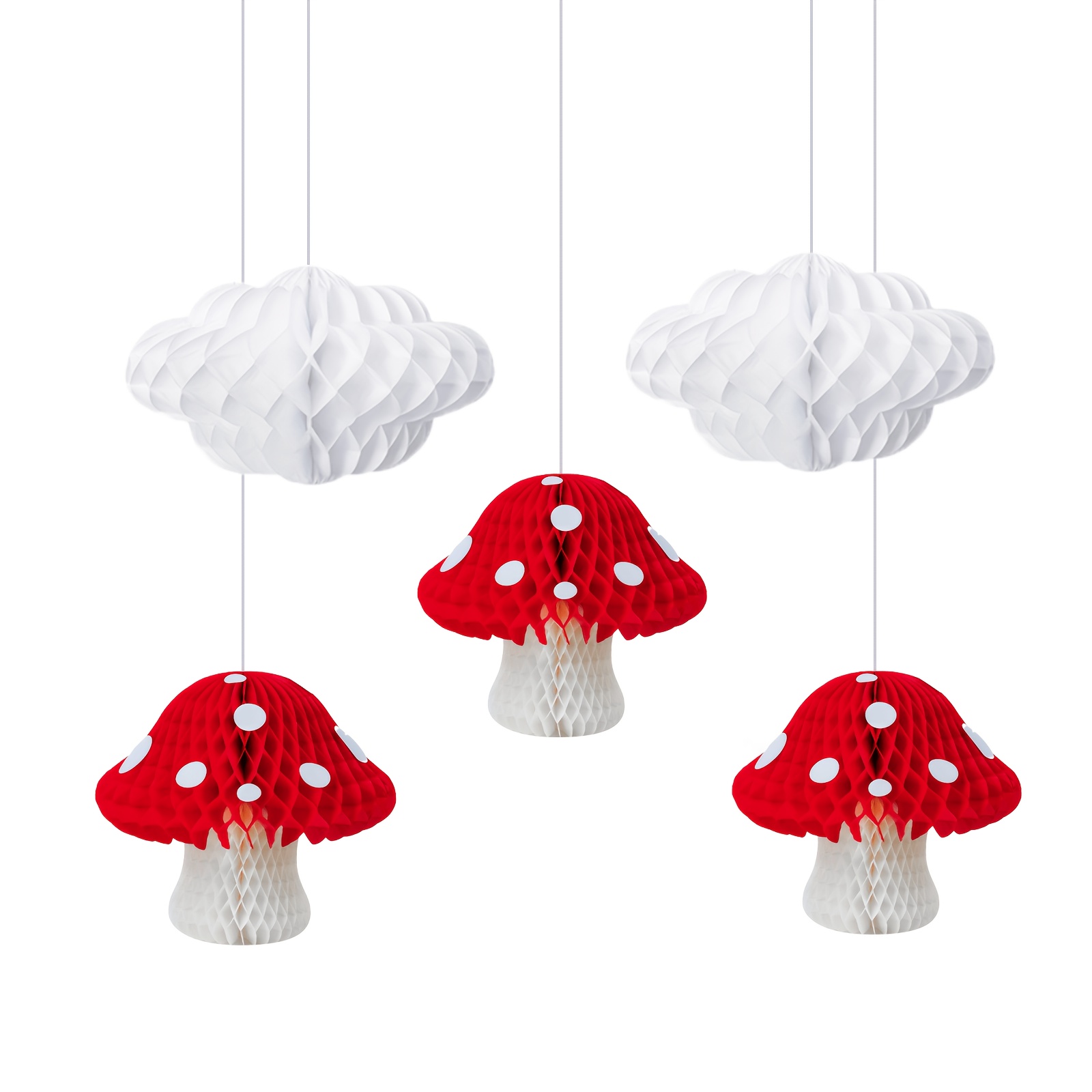 TEMU 5pcs Mushroom & White Cloud Honeycomb Paper Hanging Decorations, Reusable Honeycomb Ornaments, Christmas Forest Themed Ceiling Ornaments,