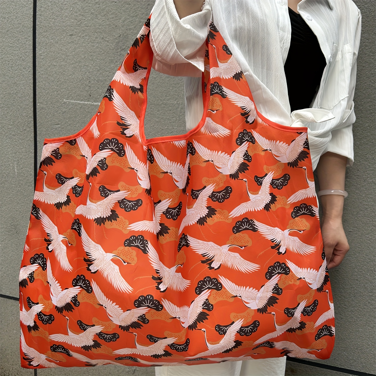 Large Capacity Pine Shadow Crane Posture Portable Shopping Bag Lightweight Foldable Shopping Bag Single Shoulder Hand Carry Tote