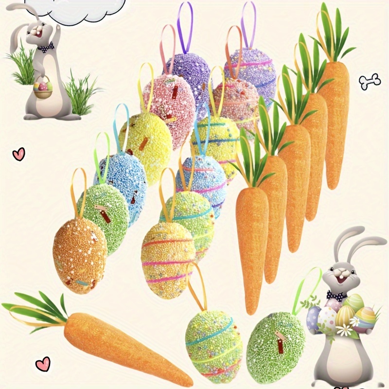 

Easter Egg Ornaments And Hanging Decorations, 12 Foam Easter Hanging Egg Decorations And 6 High-quality Foam Glitter Artificial Carrots, Easter Tree Decoration Home Queue Craft