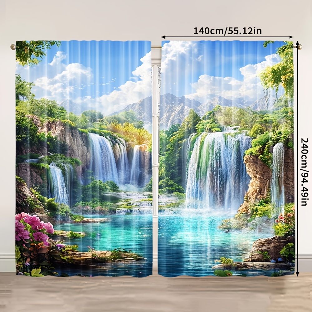 TEMU 2pcs, Curtain Curtain Cloth Waterfall Lake Versatile Polyester Sheer Curtain Festive Use For Living Room, Bedroom, And Home Decor