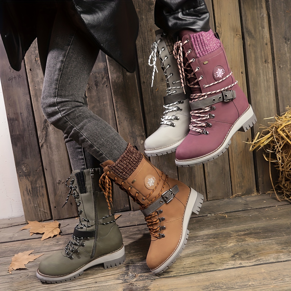 

Bottes tendance de couleur unie pour femmes, bottes à boucle à fermeture éclair latérale, bottes à bordure tricotée antidérapantes pour l'hiver