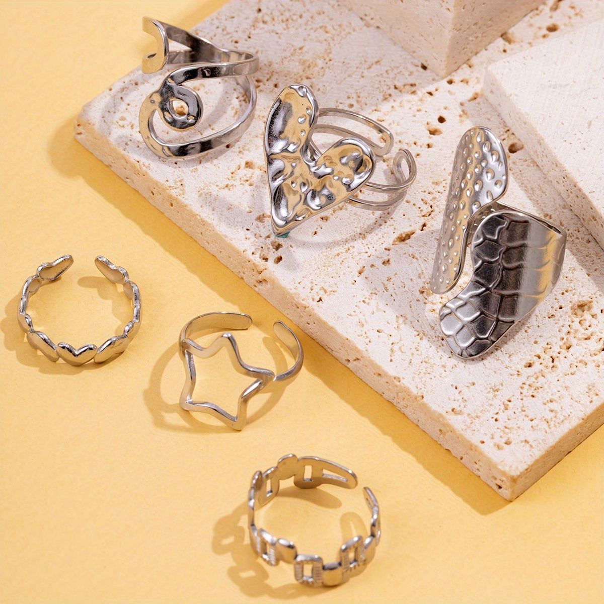 6pcs Minimalist Hollow Geometric Heart Stackable Rings