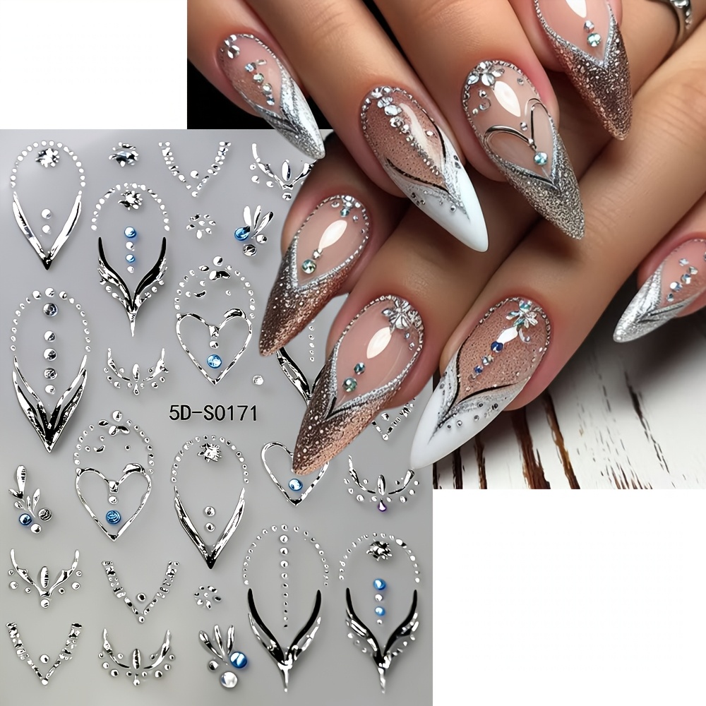 5d Embossed Silvery Nail Art Stickers, Self-adhesive French Tip Heart Rhinestone Nail Decals, Luxury Hollow Out Pendant Nail Sliders For Diy Manicure, Salon Nail Art Decoration Accessories For Women
