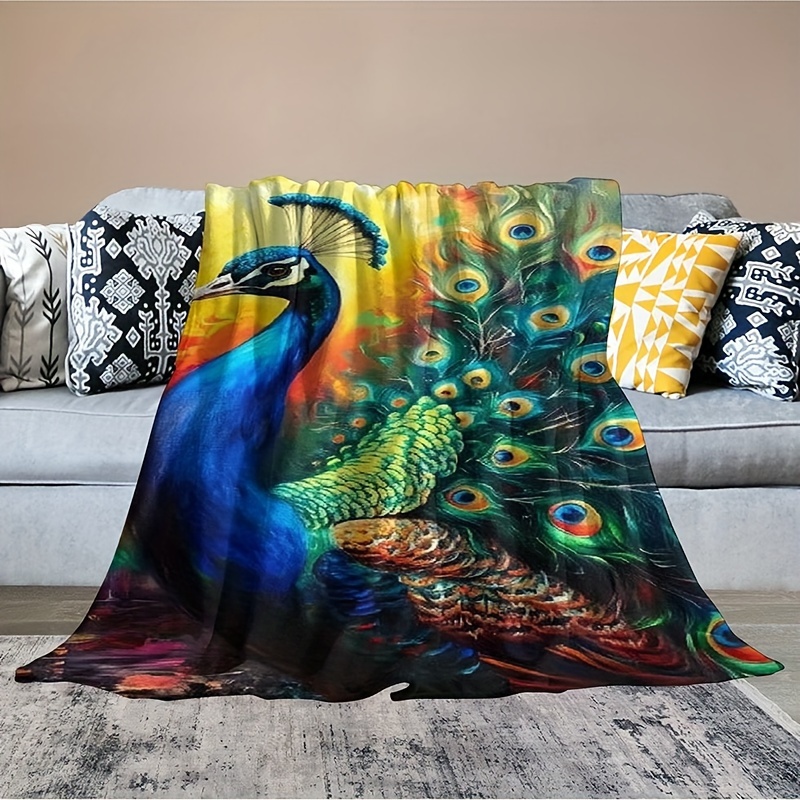 peacock print flannel throw blanket hypoallergenic hand wash woven   versatile for   ideal for couch bed and living room decor contemporary animal theme throw for adults and peacock enthusiasts details 1