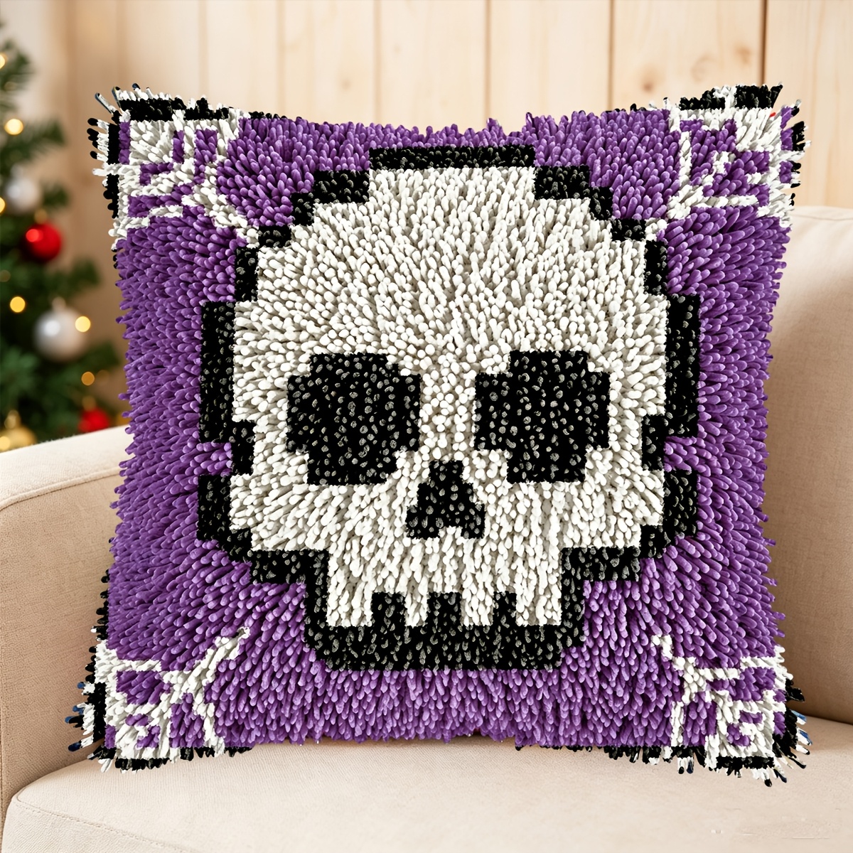 Latch Hook Kit with Halloween Skull Pattern for DIY Pillow Cover