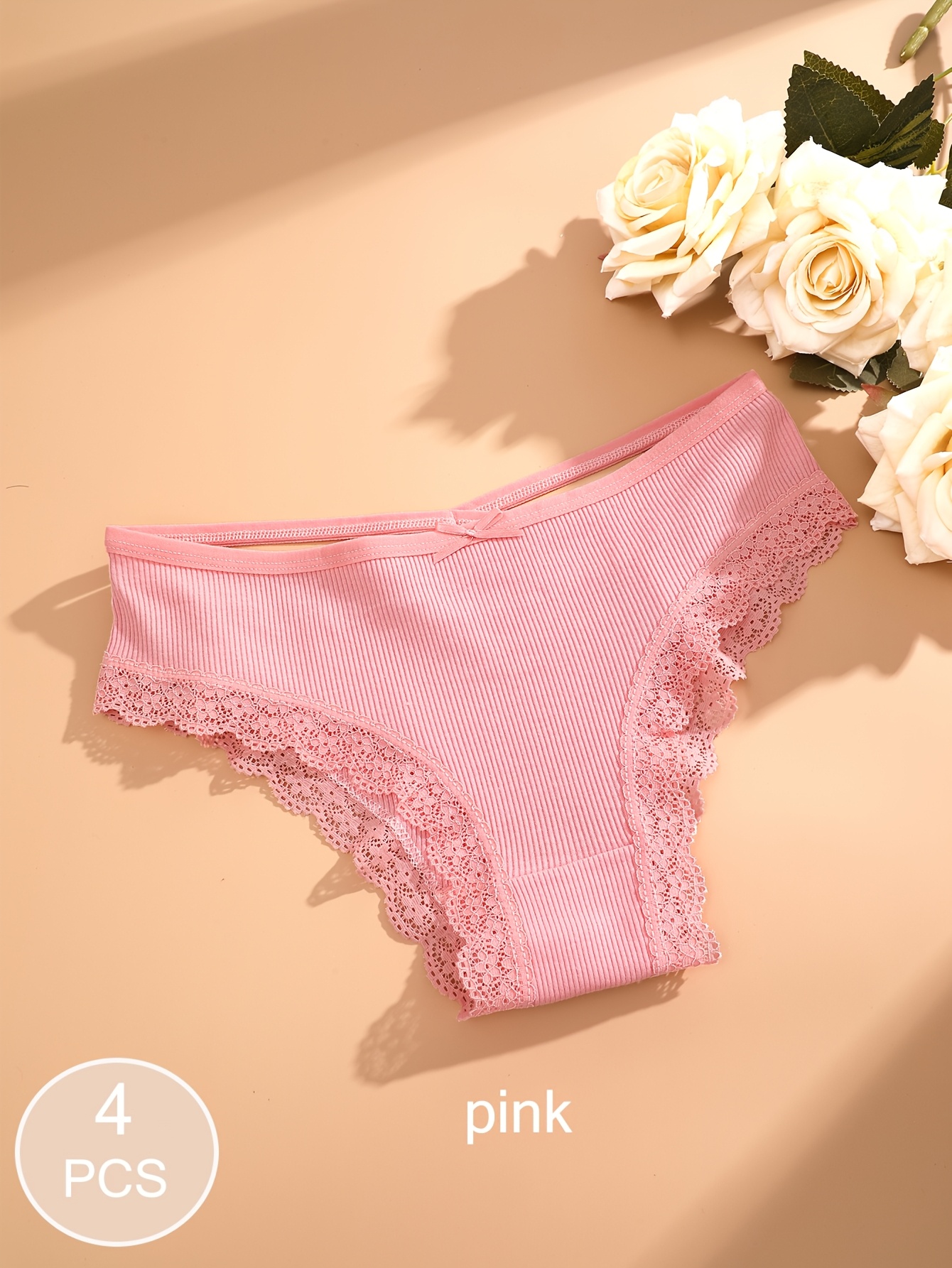 4pcs Women'S Lingerie Briefs with Lace Trim - Sexy Ribbed Design, Solid Colors (White, Pink, Gray, Black), Soft & Comfortable Underwear for Casual Attire, Lingerie Sets, Comfortable Underwear, Elegant Underwear, Soft Fabric Underwear